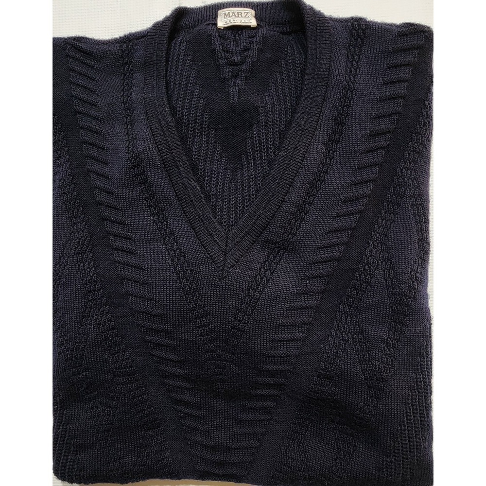 Vtg Marz Munchen Blue 100% Virgin  Wool Cable Knit V-Neck Sweater - 48/S